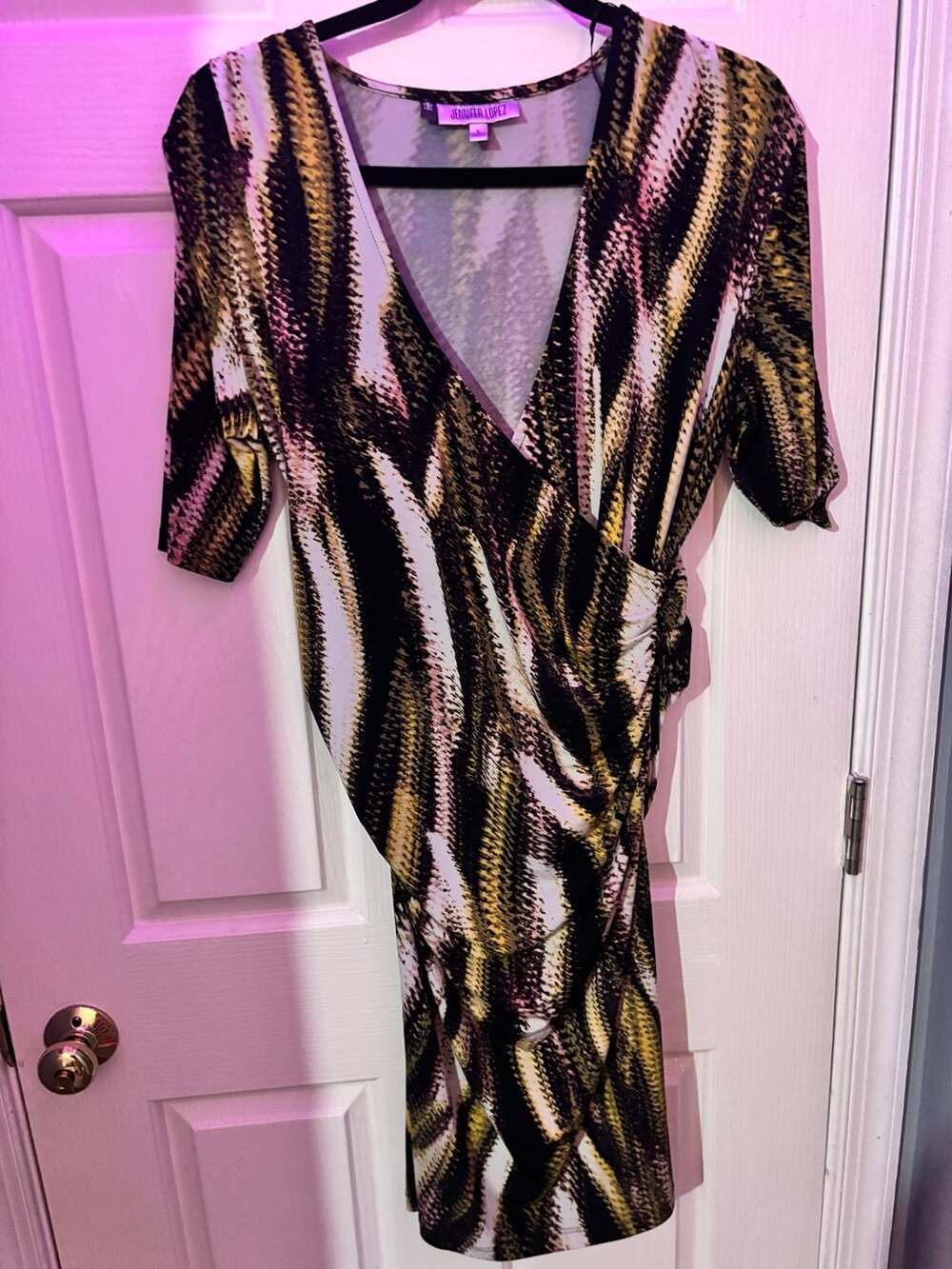 Jennifer Lopez Ruched Midi Dress Size L Snake Print V-Neck